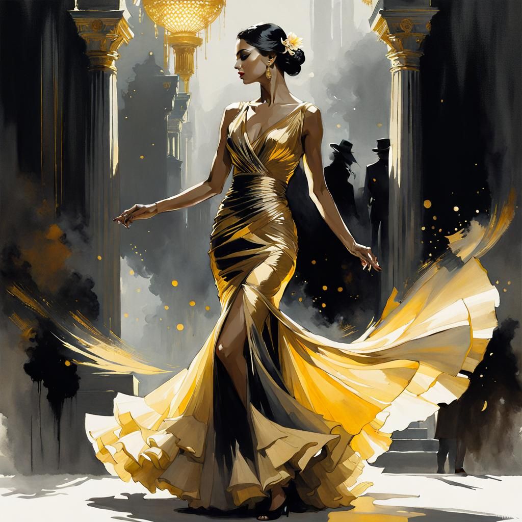 Golden Flamenco Dancers in Watercolor Wash