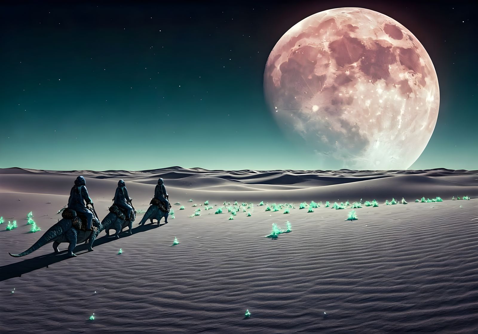 Extraterrestrial Desert Riders with Infrared Moon