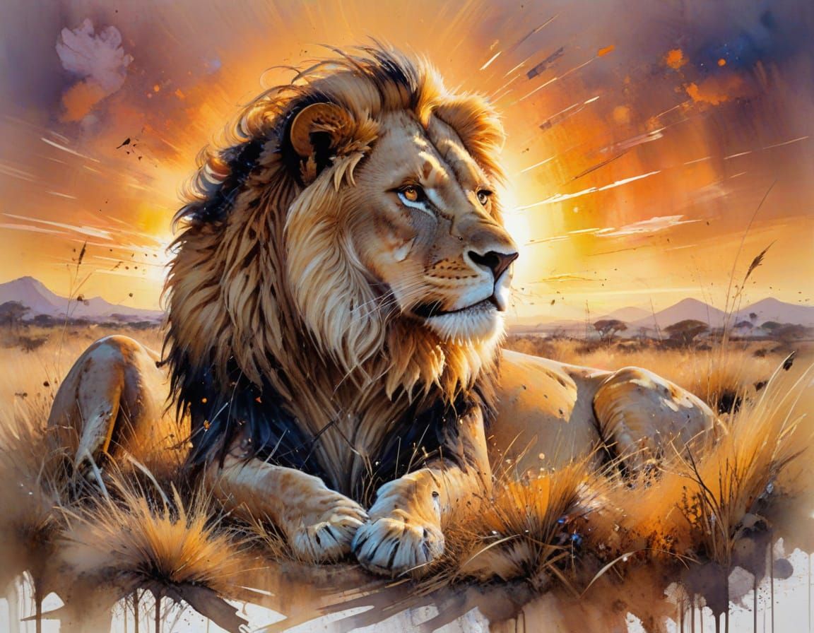 Lion on Savanna Panorama at Dusk in Watercolour Style