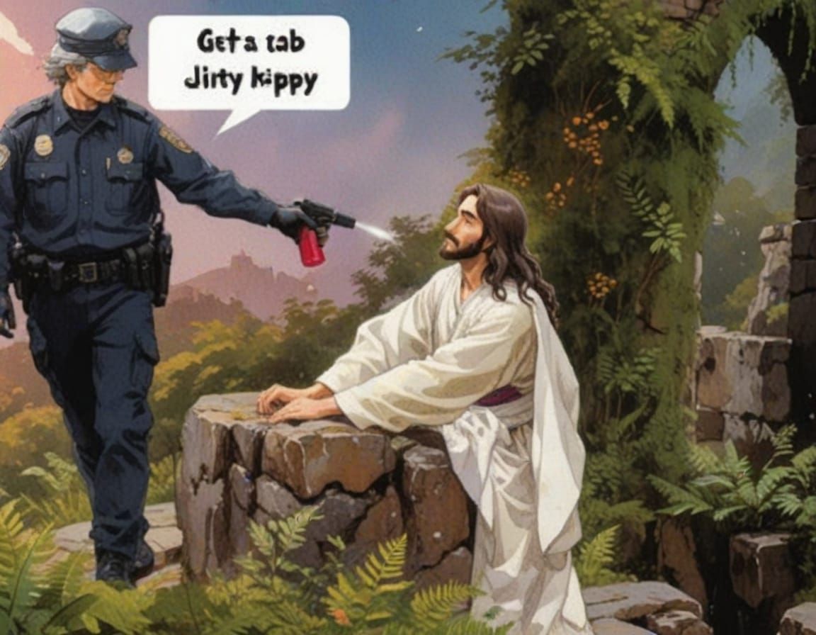 Cop Sprays Jesus: Comic Book Style Watercolor