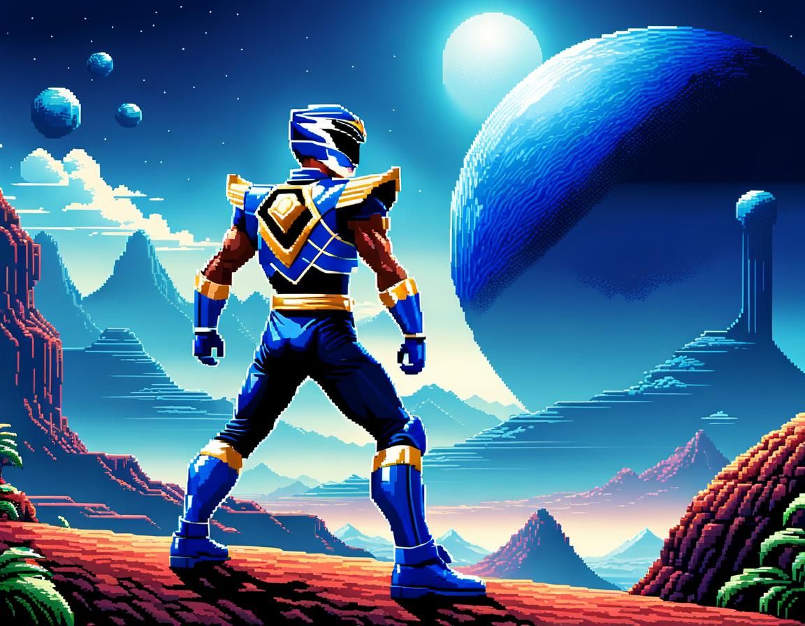 Blue Power Ranger Exploring Alien Planet in Pixel Art