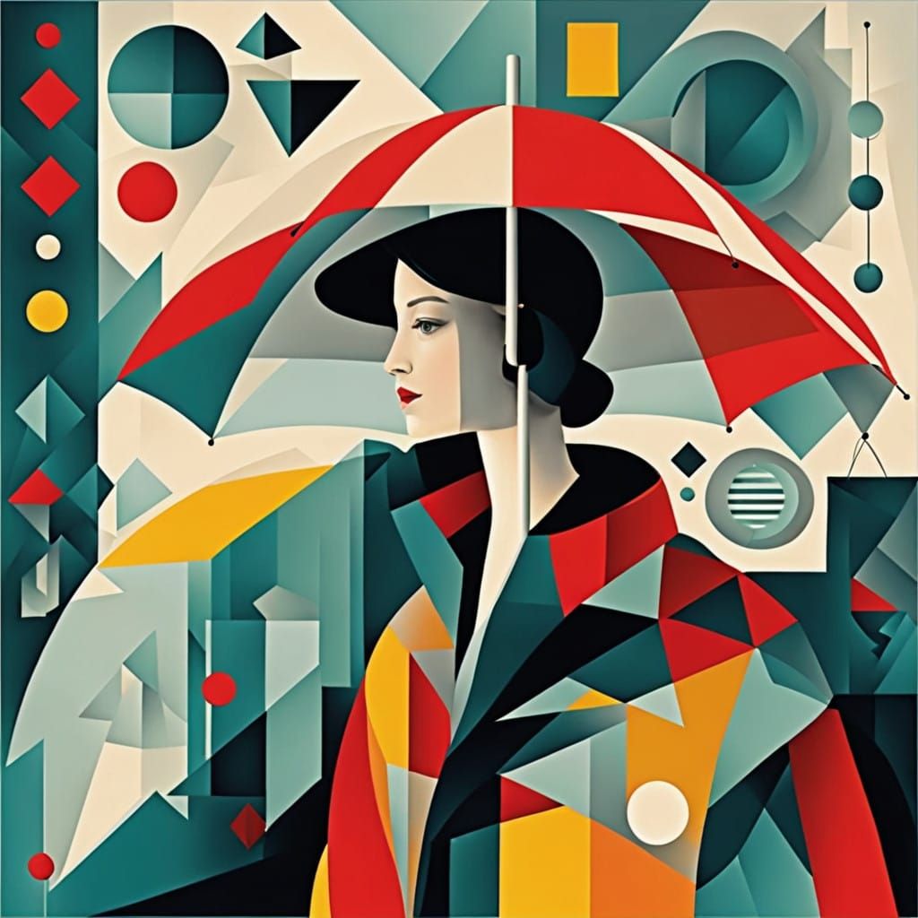 Woman in Geometric Cubist Art Style with Umbrella