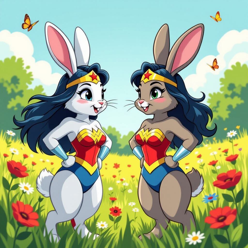 Wonder Woman Rabbits in Comic Book Style