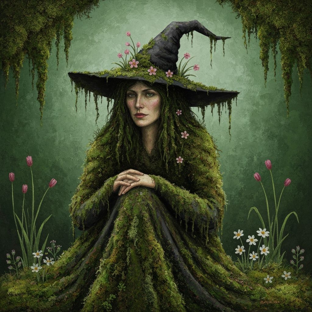 Witch Adorned with Nature's Bounty in Folk Art Style