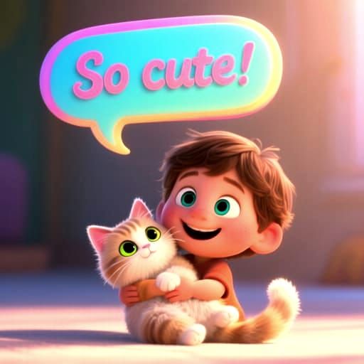 Smiling Kid Holding Kitten with "So Cute!" Speech Bubble