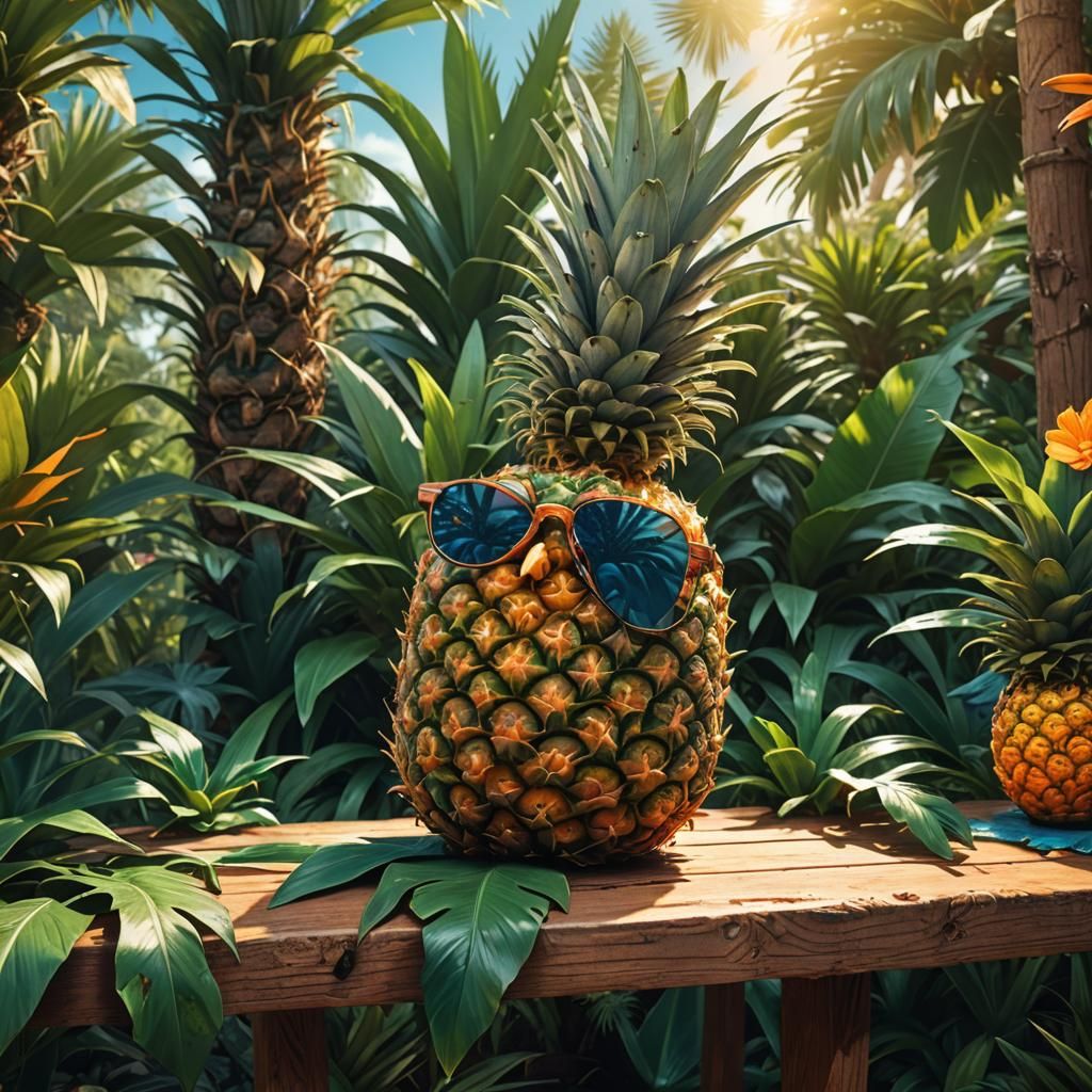 Pineapple Wearing Sunglasses in Exotic Garden