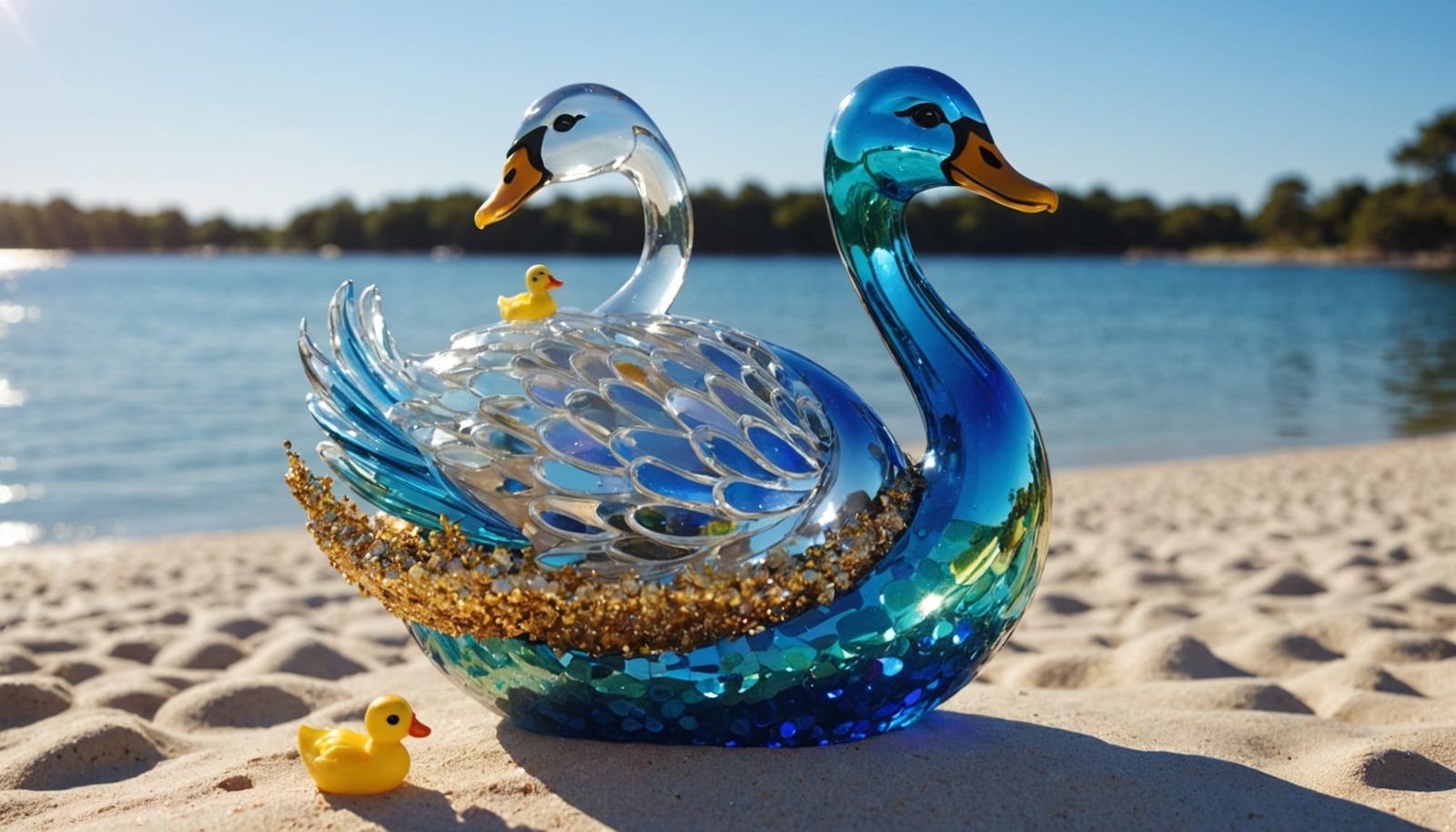 Vibrant Beach Scene Swan in Iridescent Glory