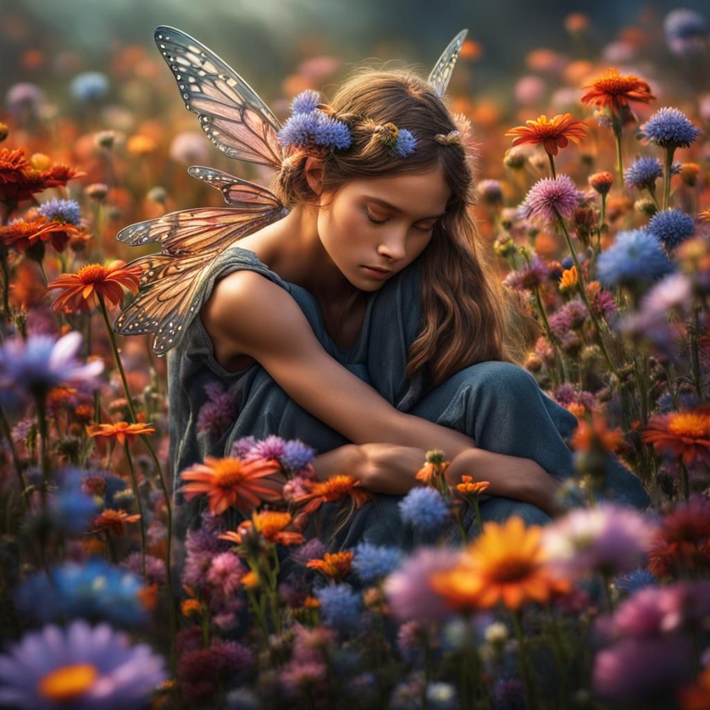 A sad fairy in a field of flowers.