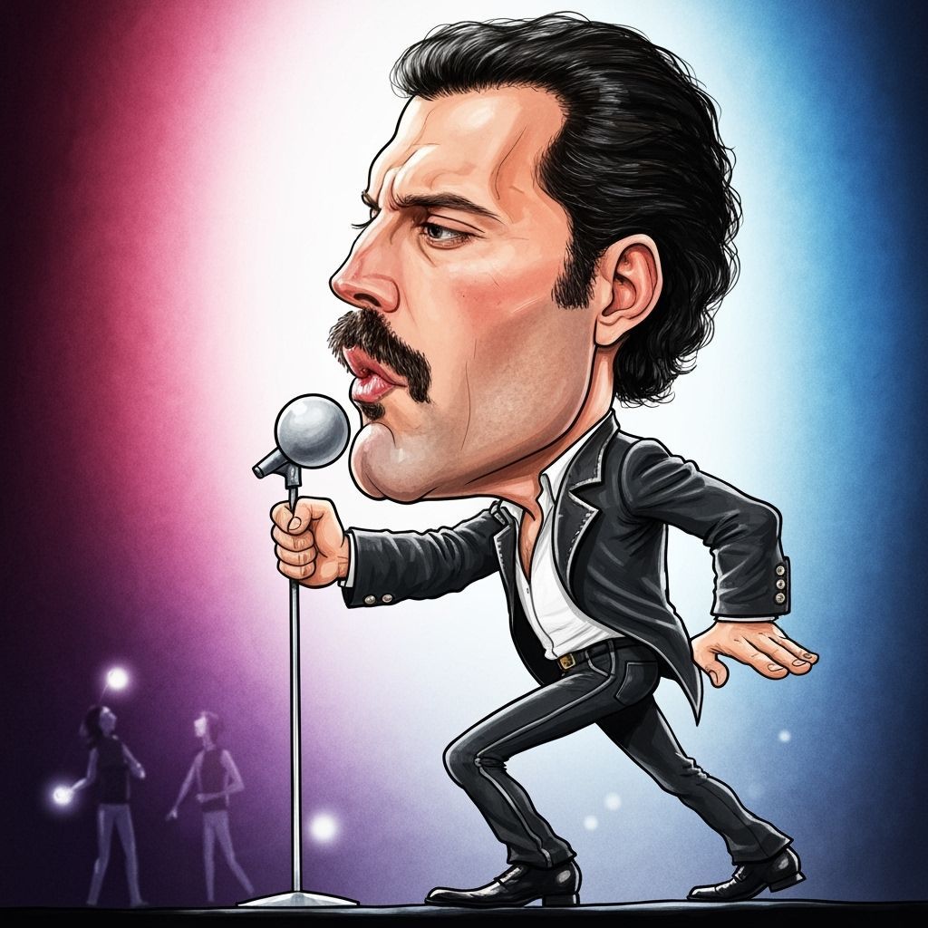 Freddie Mercury Caricature in Action on Stage