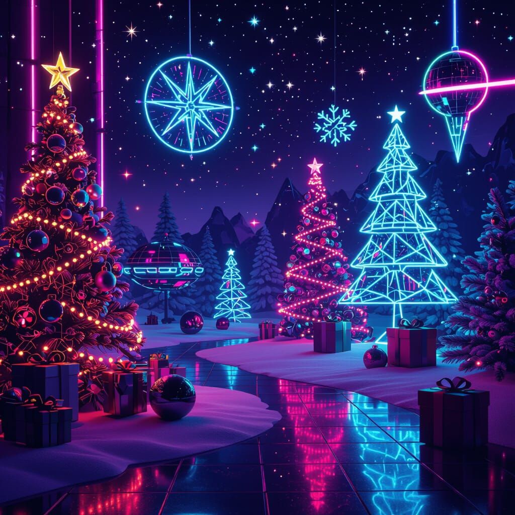 Retro-Futuristic Holiday Scene With Neon Lights