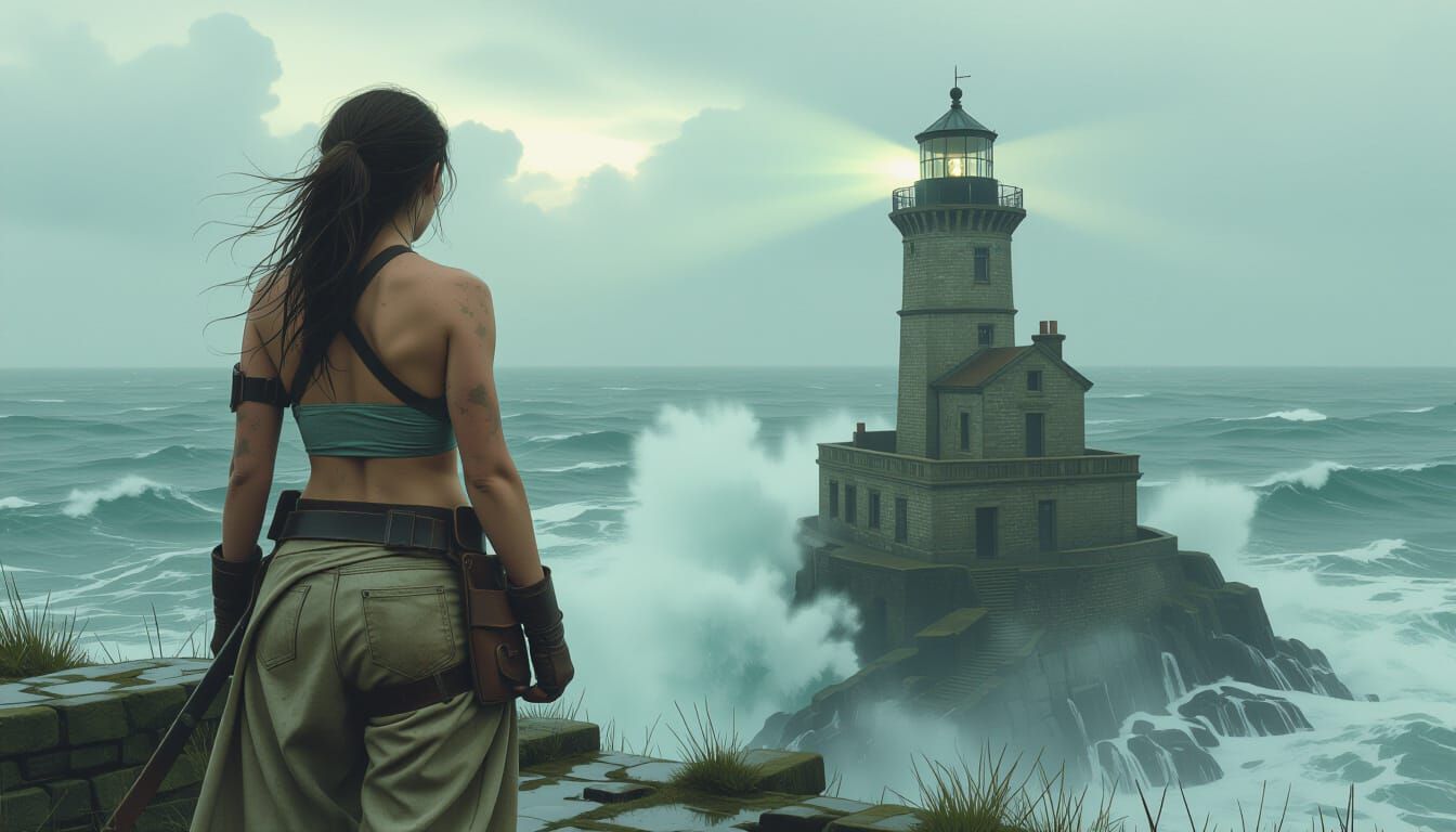 Supernatural Lighthouse Keeper Gazing at Turbulent Sea