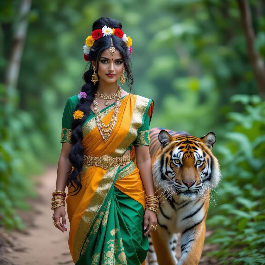 Assamese Goddess Budhi Pallien in Jungle with Pet Tiger