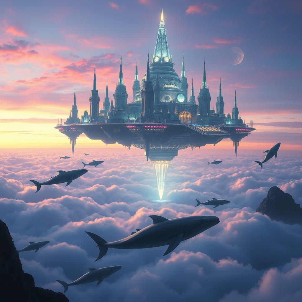 Majestic Floating City Above Clouds: Futuristic Mysticism