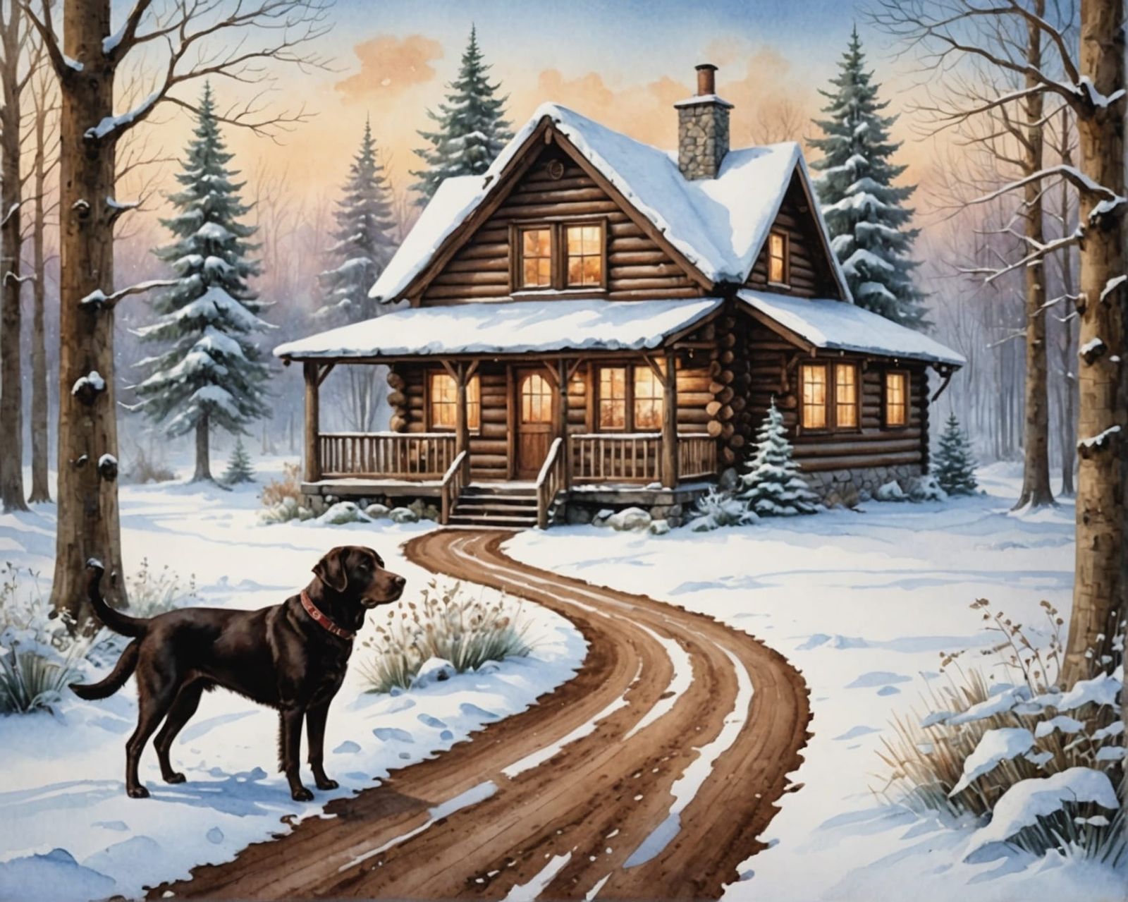 Log Cabin in Winter Wonderland: Watercolor Style