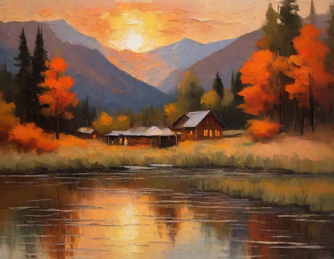 Impressionist River Sunset with Rustic Cabins