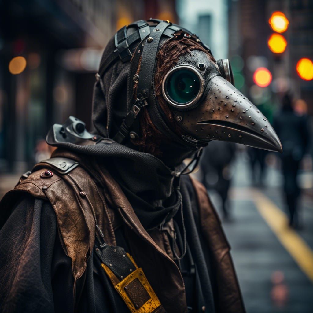 Dystopian plague doctor hazmat suit bird beak respirator in post apocalyptic new york city