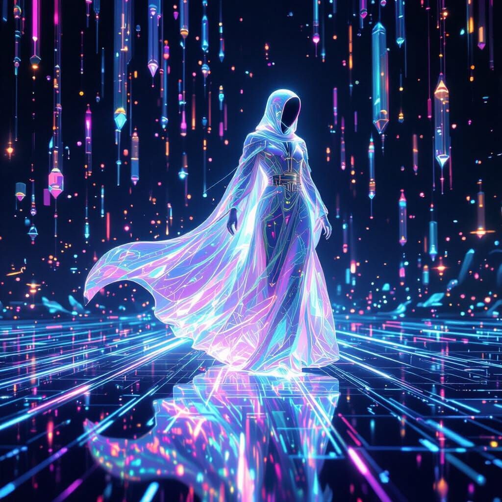 Ethereal Energy Being Merging with Luminous Light Beams