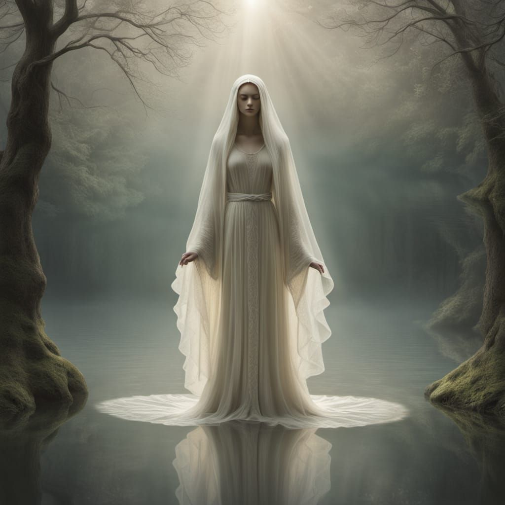 Ethereal Figure Awakens in Serene, Dreamlike Landscape