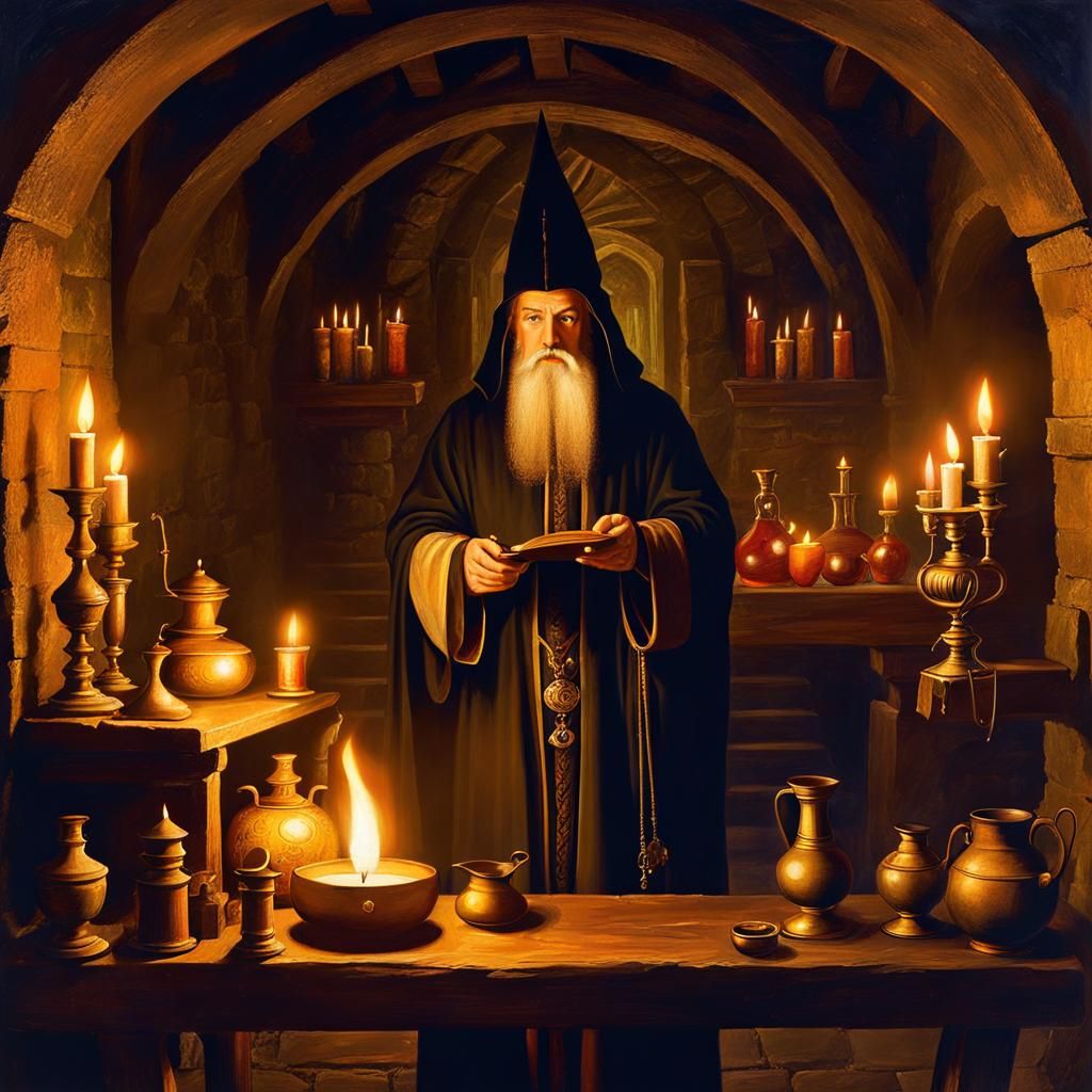 Medieval Wizard Practicing Alchemy in Candlelight