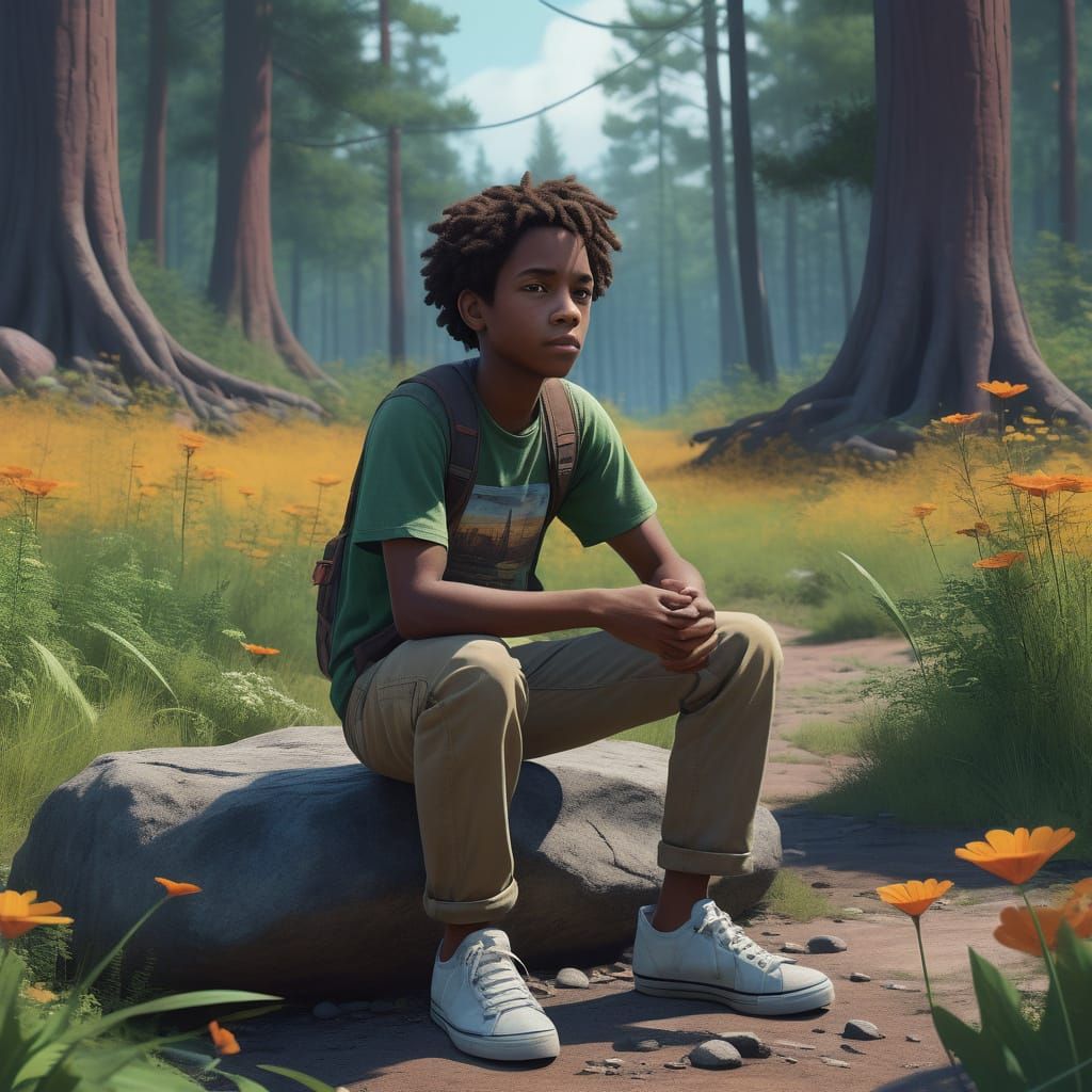 Whimsical Boy Discovers Colorful Insect in Lush Park