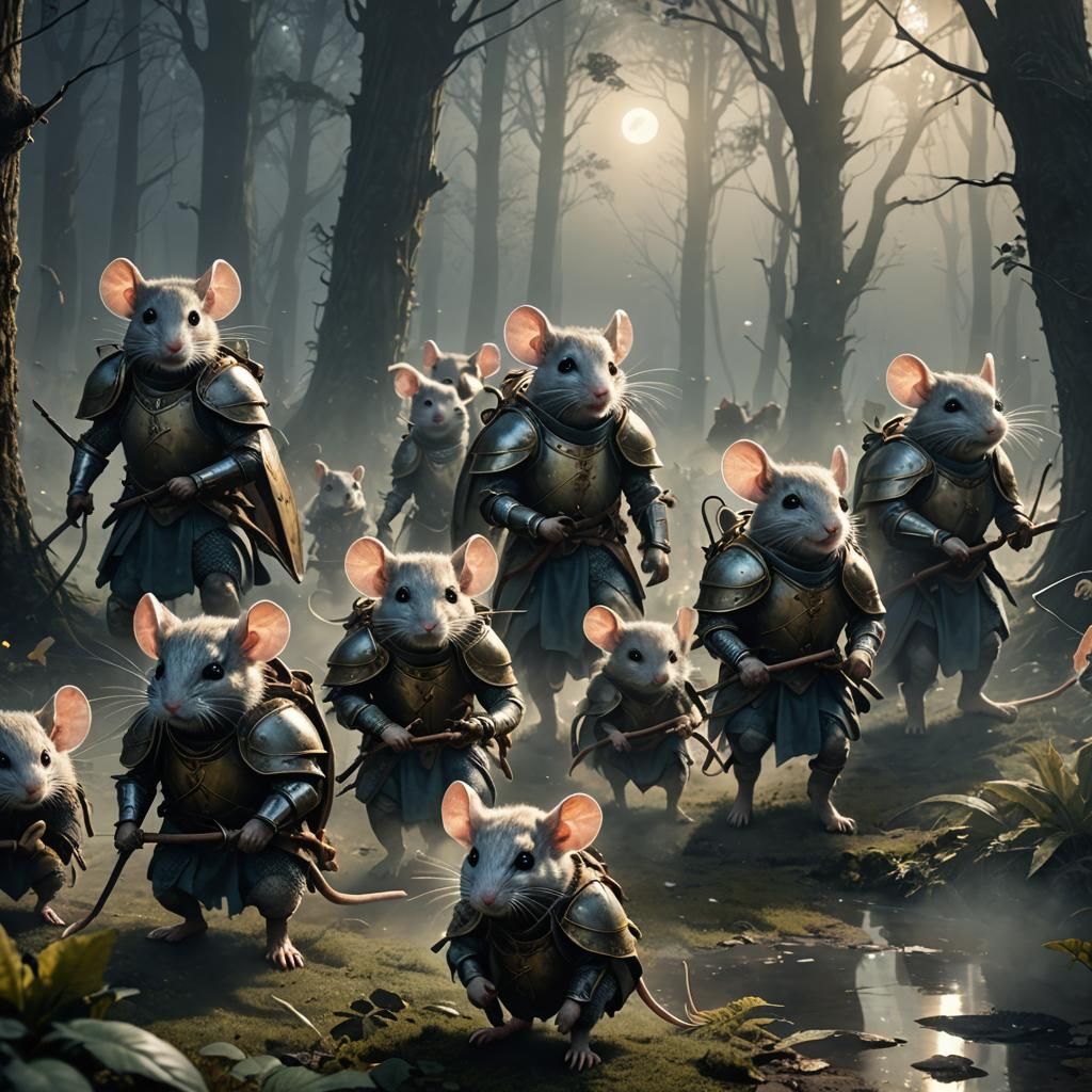 Mice Legion Marching in Misty Moonlight Forest