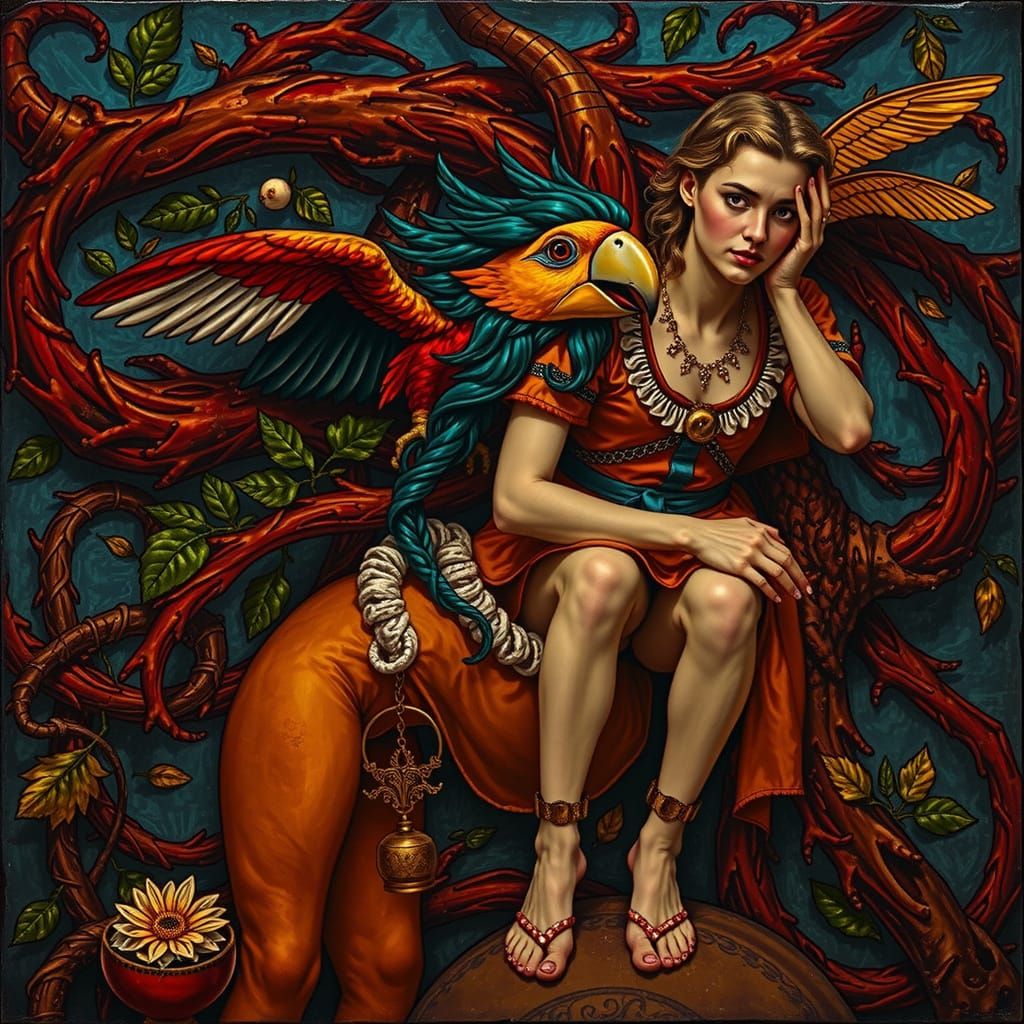 Surreal Chimaera with Teal Hair and Yellow Flower in Book of...