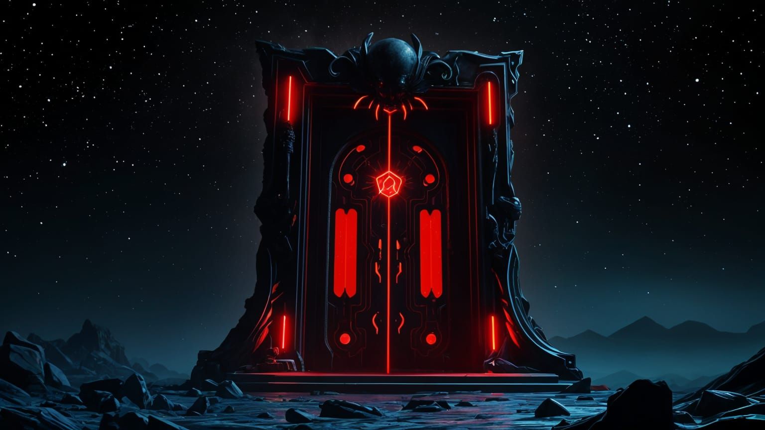 Eerie Onyx Door with Red Neon Lights in Space