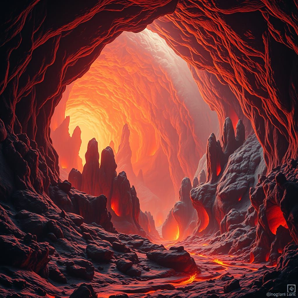 Majestic Lava Tube Cave with Molten Rock Formations