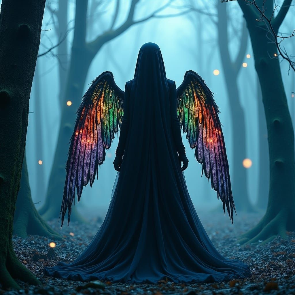 Winged Woman in Mystical Dark Fantasy Forest