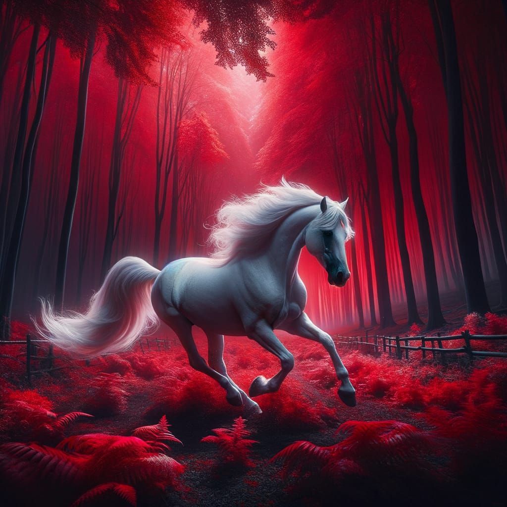 Majestic White Horse Gallops Through Deep Red Forest in Hype...