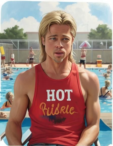 Full body shot of Brad Pitt, age 25, long light blonde hair,...