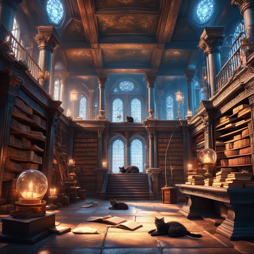 Kittens Nap in Ancient Library: Fantasy Concept Art