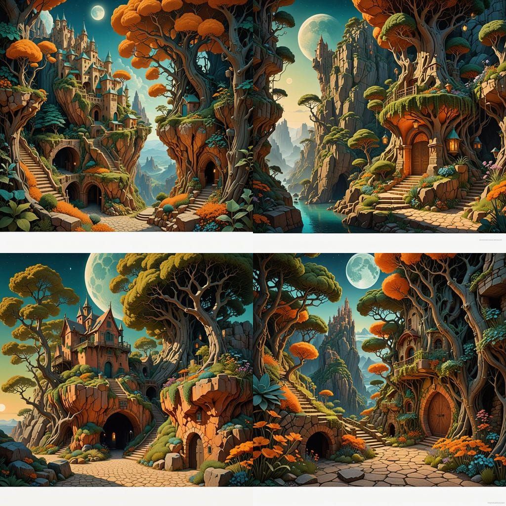 Ancient Cliff Dwelling with Moonlit Honeycomb and Trees