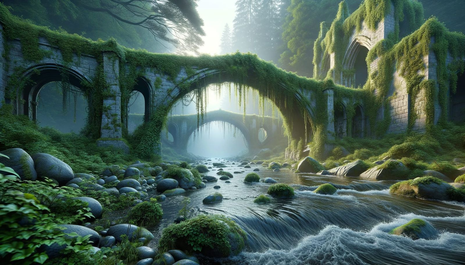 Ancient Stone Bridges Over River in Dense Forest
