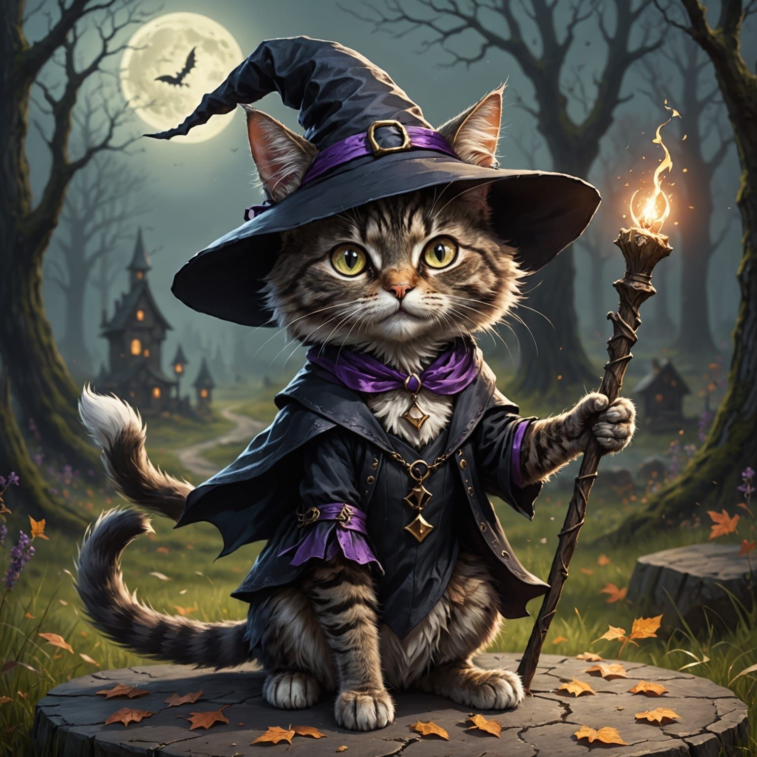 Whimsical Feline Witch in Elegant Attire