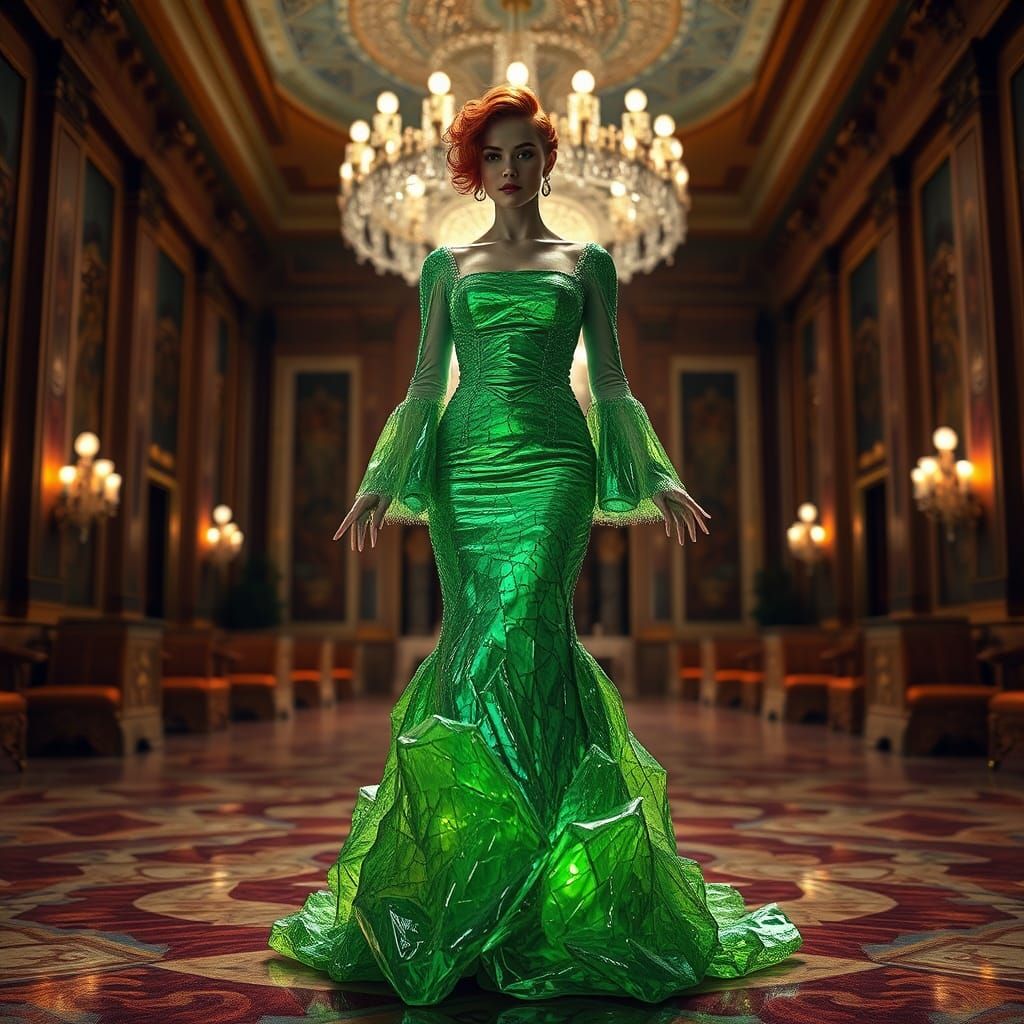 Crystalline Dress in Grand Ballroom, Hyper-Realistic Style