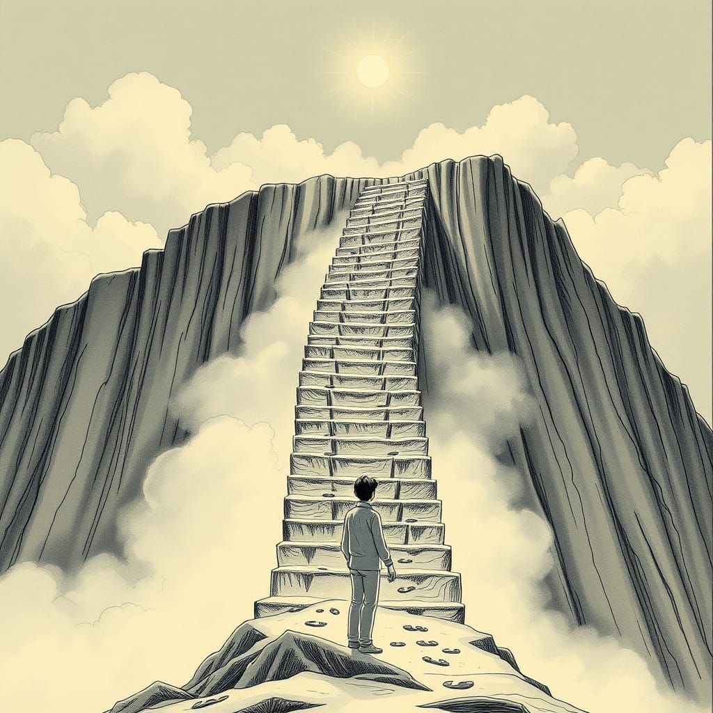 Person Climbing Colossal Staircase in Vintage Ink Style
