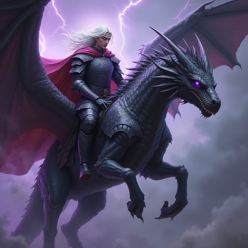 Silver-Haired Prince on Dragon in Stormy Sky