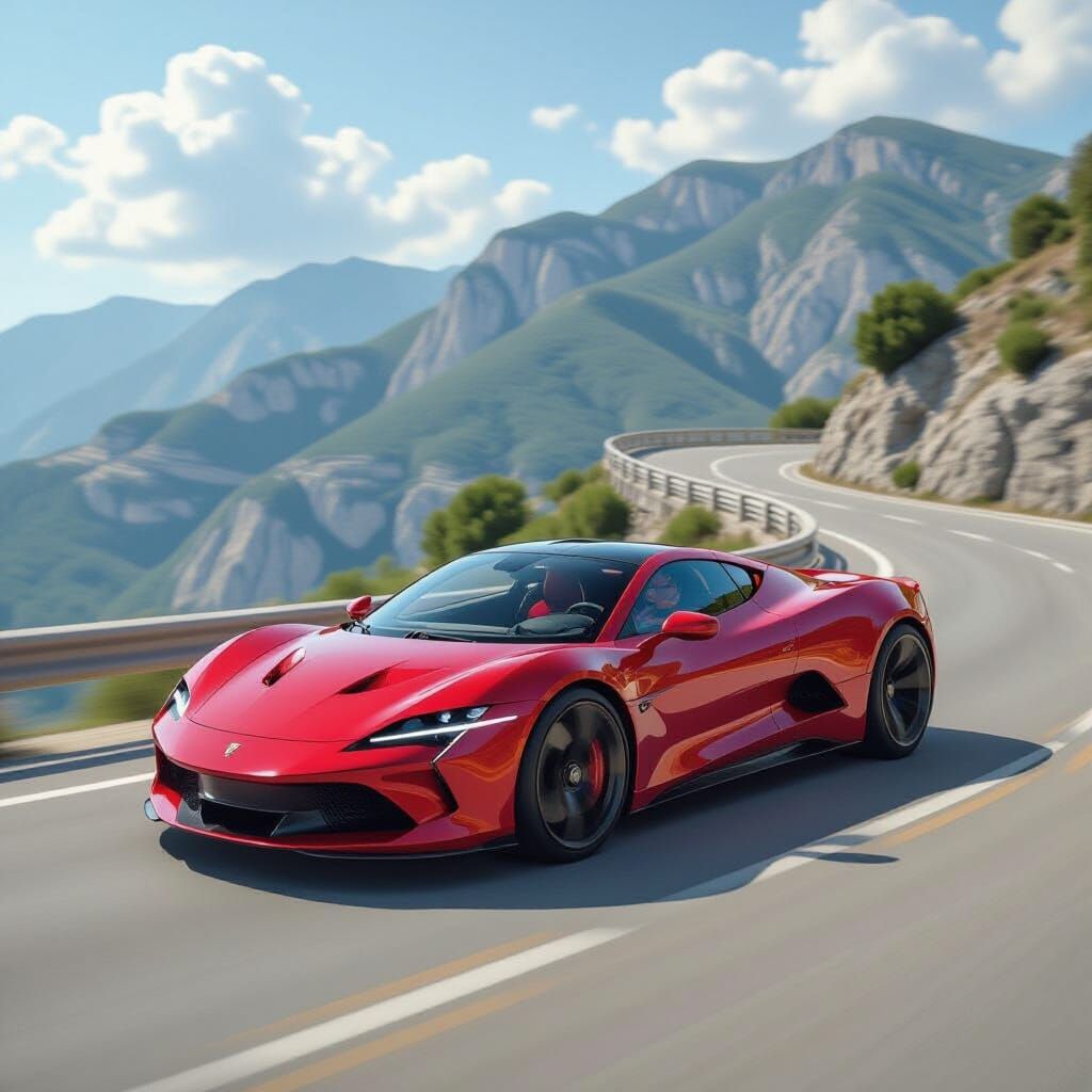 Ducati Sports Car on Mountain Road in Futuristic Style