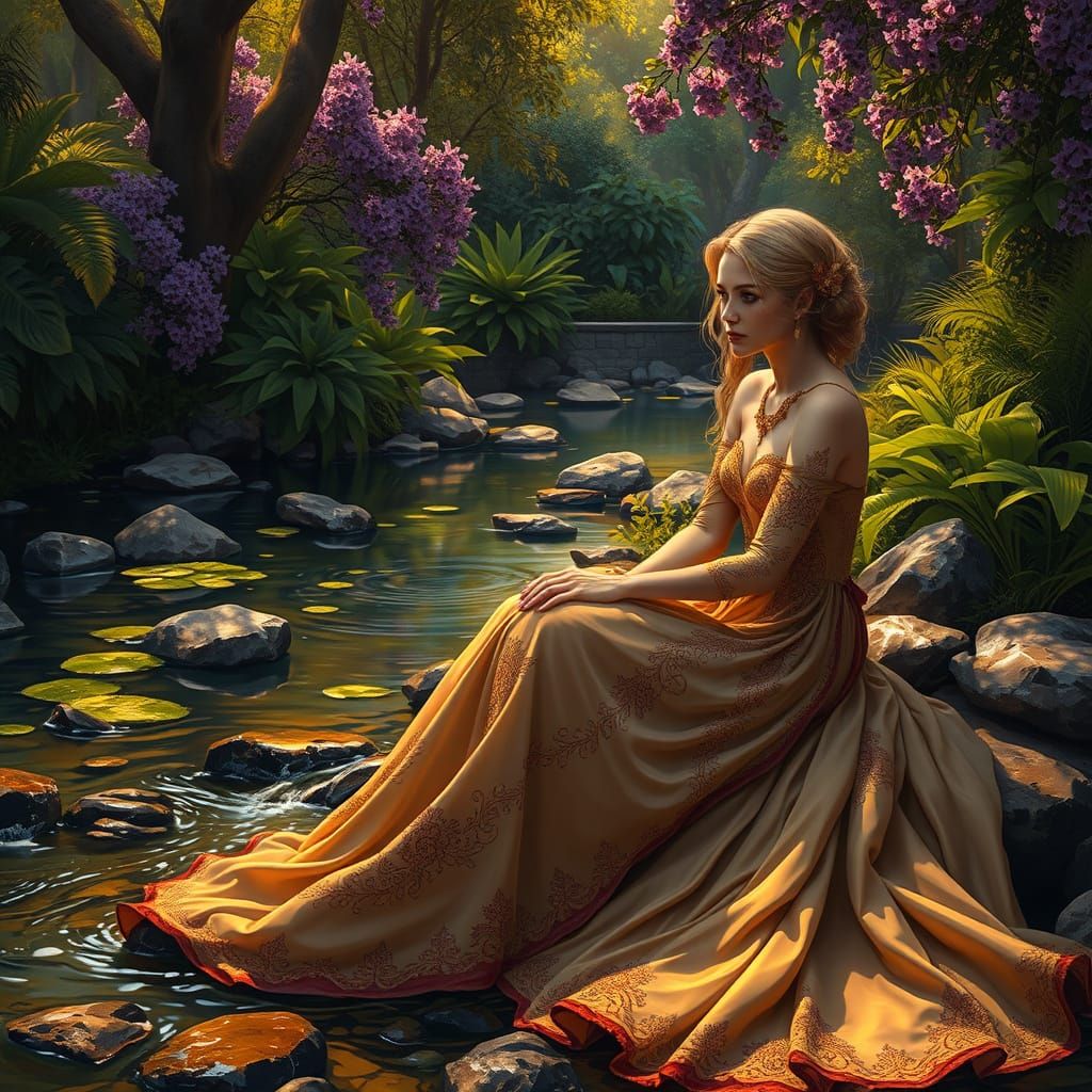 In a serene garden setting, a woman in an elegant, flowing gown sits by a tranquil stream. Surrounded by lush greenery a...