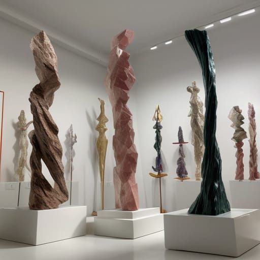 A roomful of abstract sculptures of rhodochrosite.
