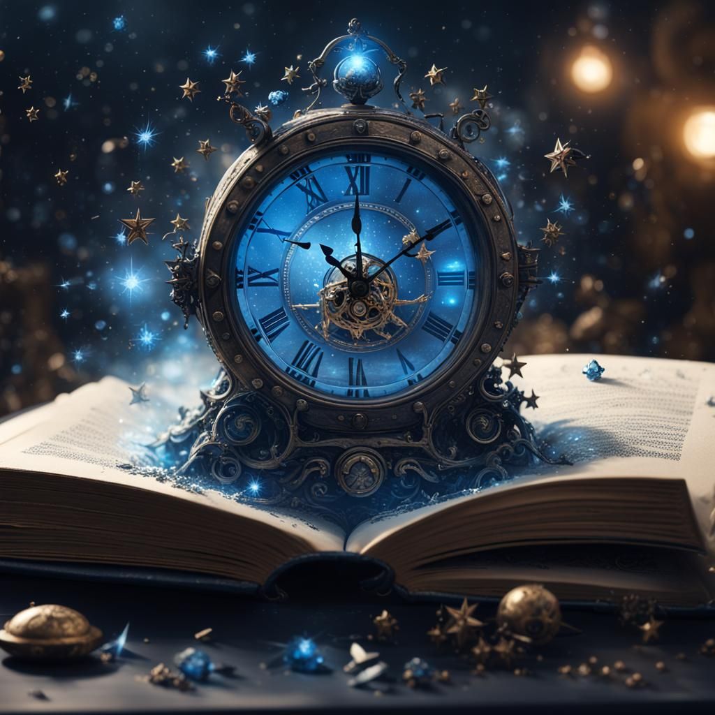 Sci-Fi Clock Emerges from Book with Stars