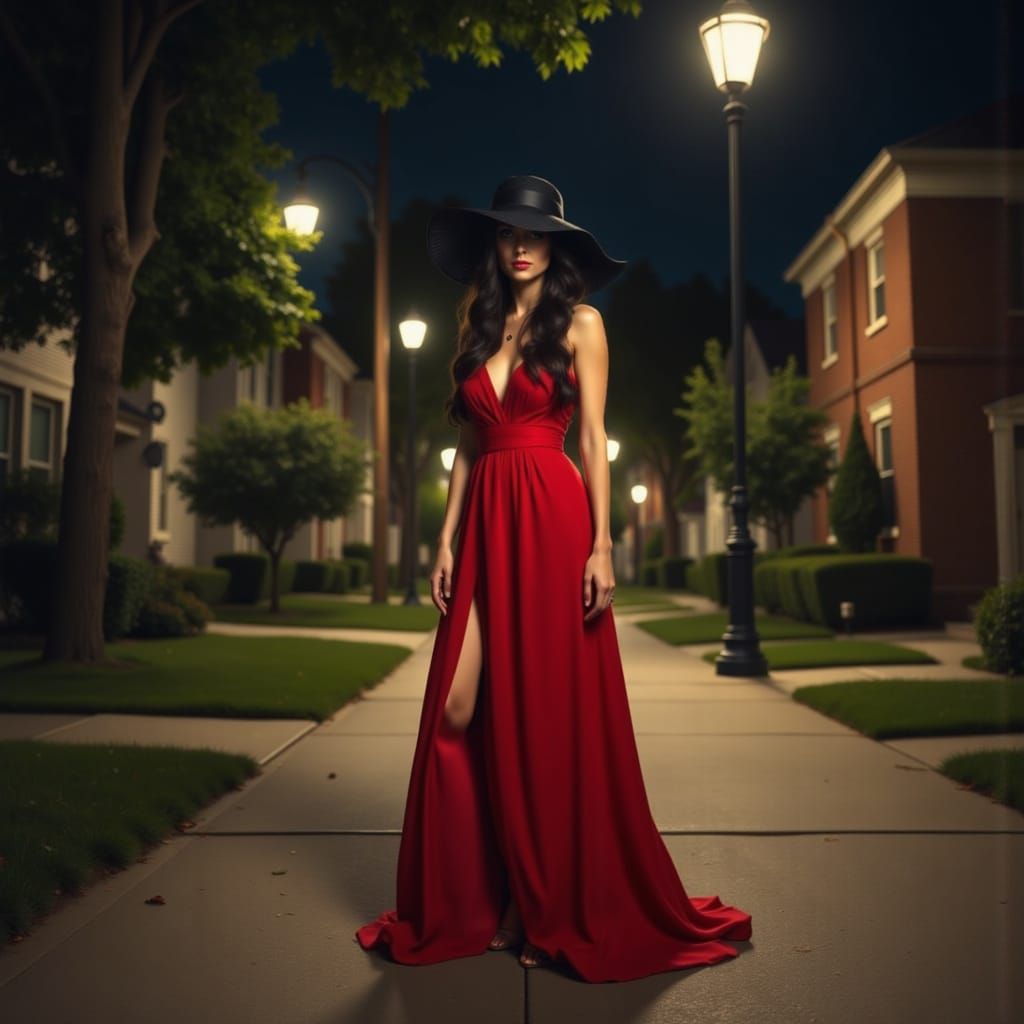 Woman in Red Dress and Black Sun Hat at Night
