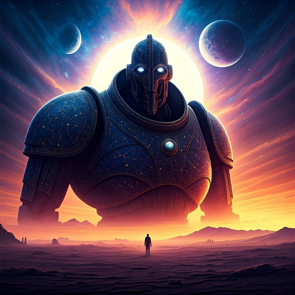 Colossal Robot Warrior With Celestial Maps in Alien Desert