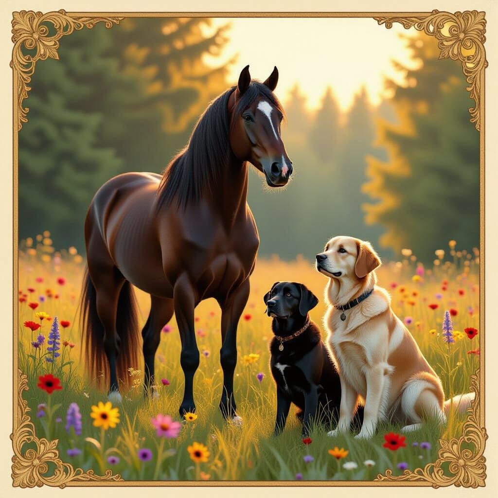 Percheron Horse with Dogs in Sunlit Meadow