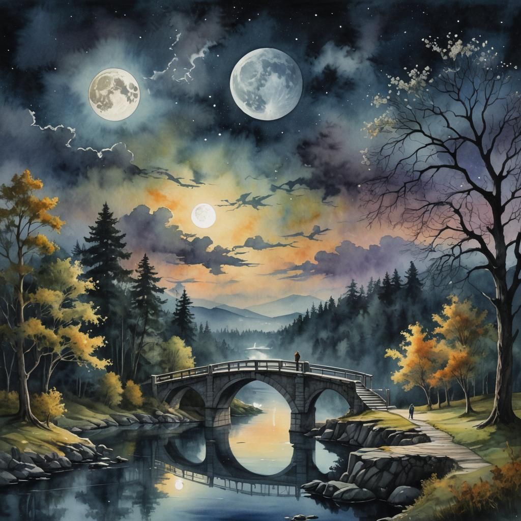 Lonely Man Under Fractal Moon: Watercolor Landscape