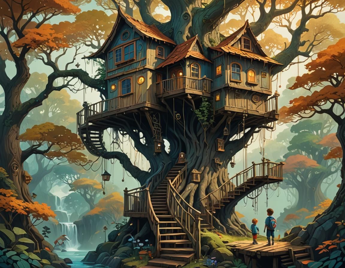 Enchanted Treehouse Storybook Illustration in Fantasy Art St...