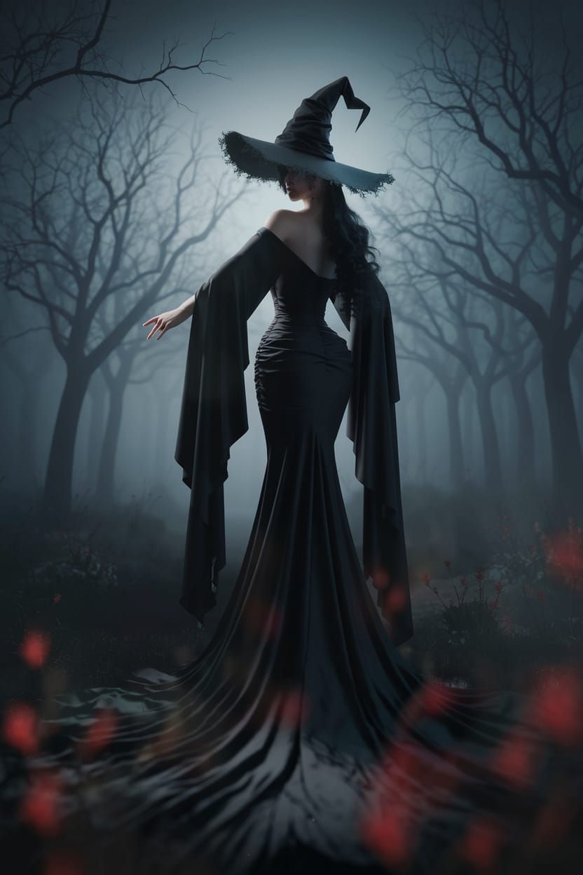 Mysterious Witch in Eerie Forest: Gothic Scene