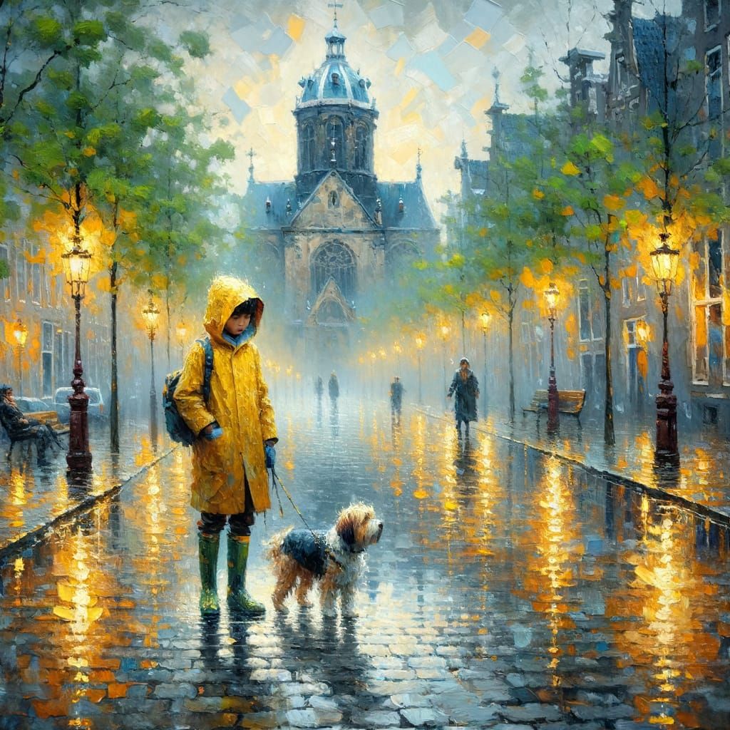 Boy and Dog in Rainy Amsterdam: Impressionistic Painting
