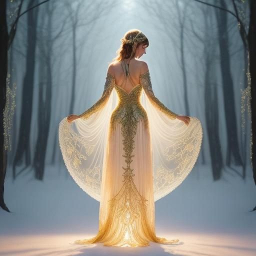 Enchanting Elven Figures in Ice Woodlands, Digital Art